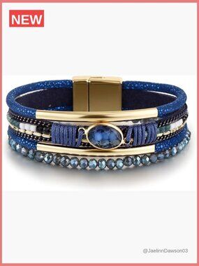 Leather Wrap Bracelet Boho Handmade Multi-Layer Cuff with Crystal Bead Heart